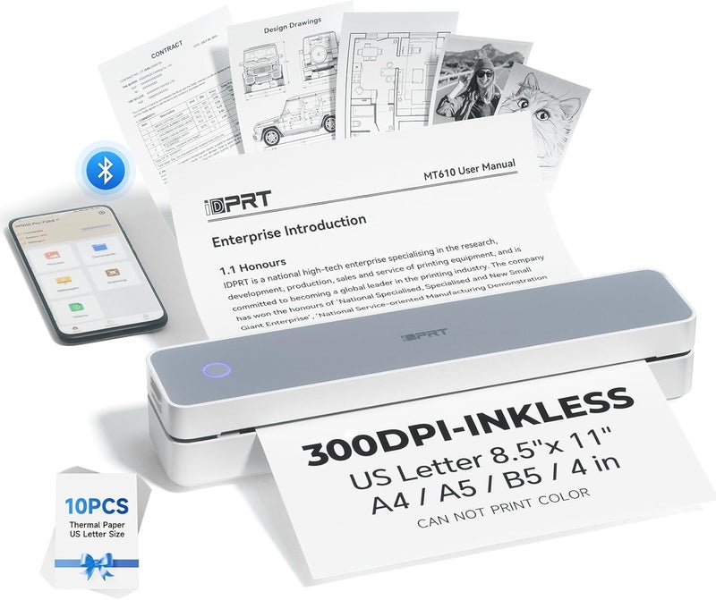 iDPRT Portable Printer Wireless for Travel - Bluetooth Mobile Printer Support for 8.5"x11" US Letter, Inkless Compatible with iOS, Android, Laptop for Office, Car and Home (300DPI, White) - Image 1